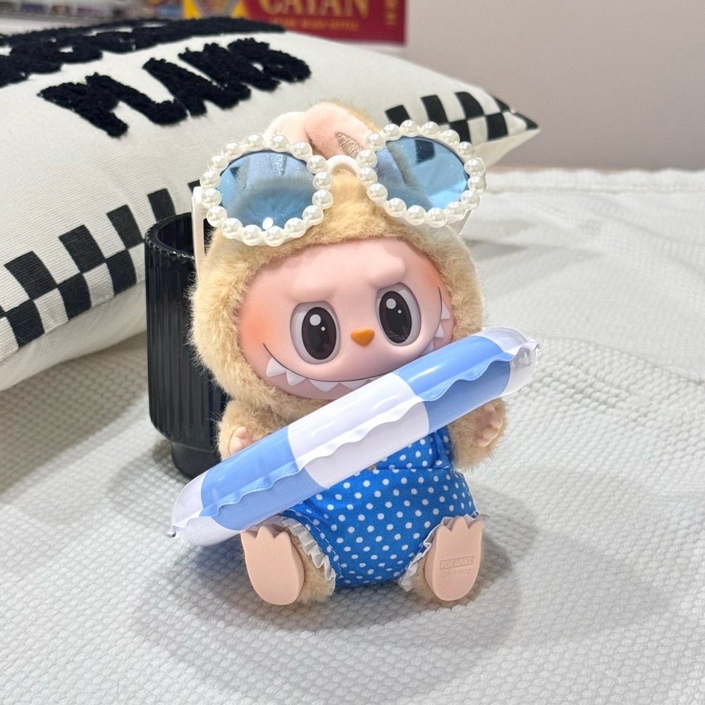 Labubu clothes - Summer Outfit Set – Doll Blue Swimwear with Sunglasses & Float
